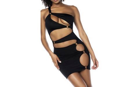 Mapale Asymmetrical Womens Cut Out Dress With Ring Details Black Seductive Design - Skirts And Club Wear