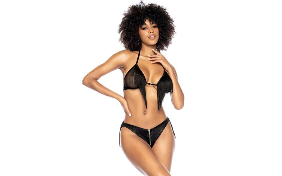 Mapale Fringe Halter 2 Piece Bra and Panty Set Black with Moving Fringe - Bras and Bra Sets