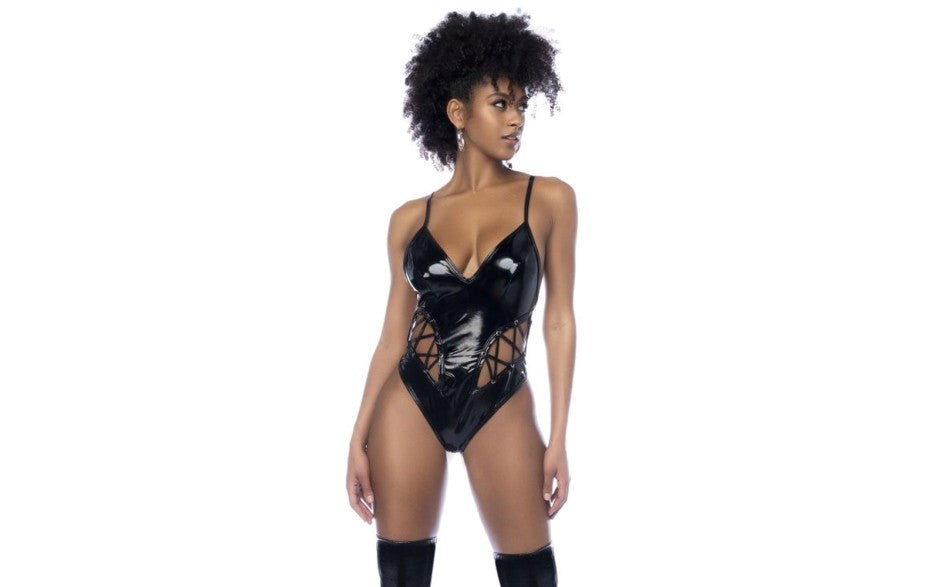 Mapale Wet Look Vinyl Bodysuit With Lace up Eyelet Details Black Fetish Wear - Her Fetish