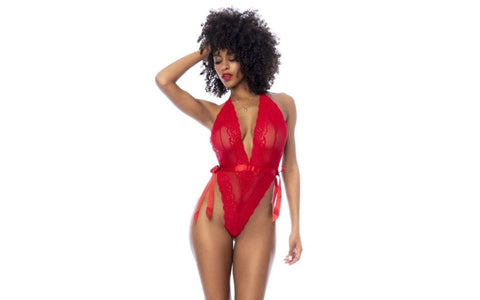 Mapale Womens Lace Bodysuit with Side Ties Red Stretchy Lace Lingerie - Teddies and Bodysuits