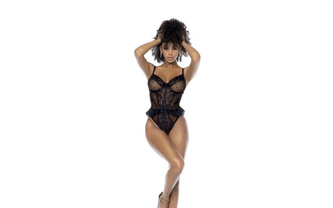 Mapale Womens Sexy Bodysuit With Lace Ruffles Black Underwire Support - Teddies and Bodysuits