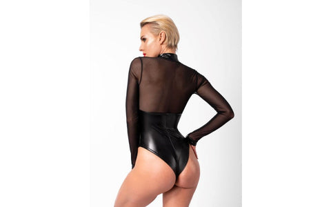 Noir Handmade Edge Wetlook and Mesh Bodysuit With Rings Black High Collar - Her Fetish