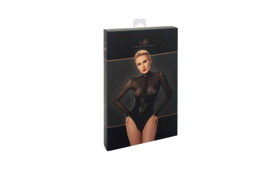 Noir Handmade Edge Wetlook and Mesh Bodysuit With Rings Black High Collar - Her Fetish