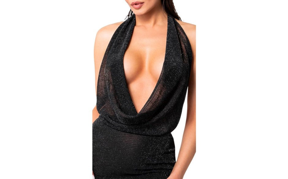 Noir Handmade Luminara Mini Sexy Dress Semi Sheer Shimmer Halter Design - Her Fetish