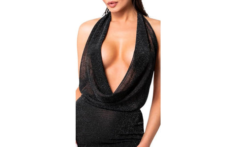 Noir Handmade Luminara Mini Sexy Dress Semi Sheer Shimmer Halter Design - Her Fetish