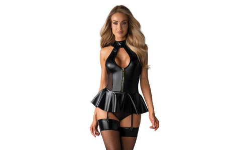 Obsessive Hot Womens Corset With Panties Black with Wet Look and Lacing - Bustiers and Corsets