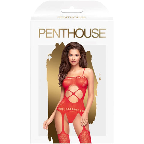 Penthouse Lingerie HOT NIGHTFALL Bodystocking Red Geometric Net - Body Stockings