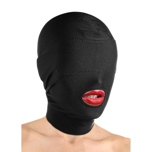 BDStyle Disguise Open Mouth Hood with Padded Blindfold Black Large Sensory Play - - Bondage Hoods