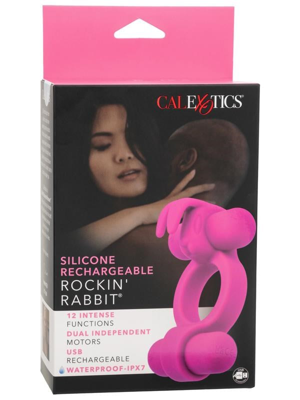 California Exotics Silicone Rechargeable Rockin Rabbit Penis Ring Dual Motors - - Vibrating Cock Rings