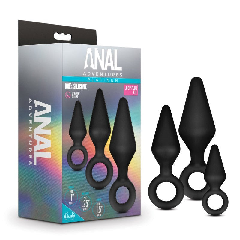 Blush Novelties Anal Adventures Platinum Loop Butt Plug Kit 3 Sizes Black - Butt Plugs