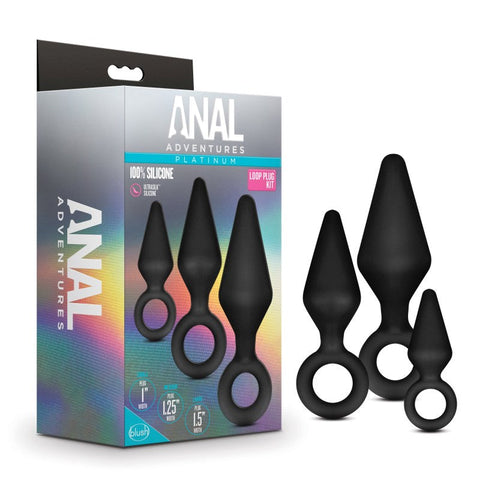 Blush Novelties Anal Adventures Platinum Loop Butt Plug Kit 3 Sizes Black - Butt Plugs