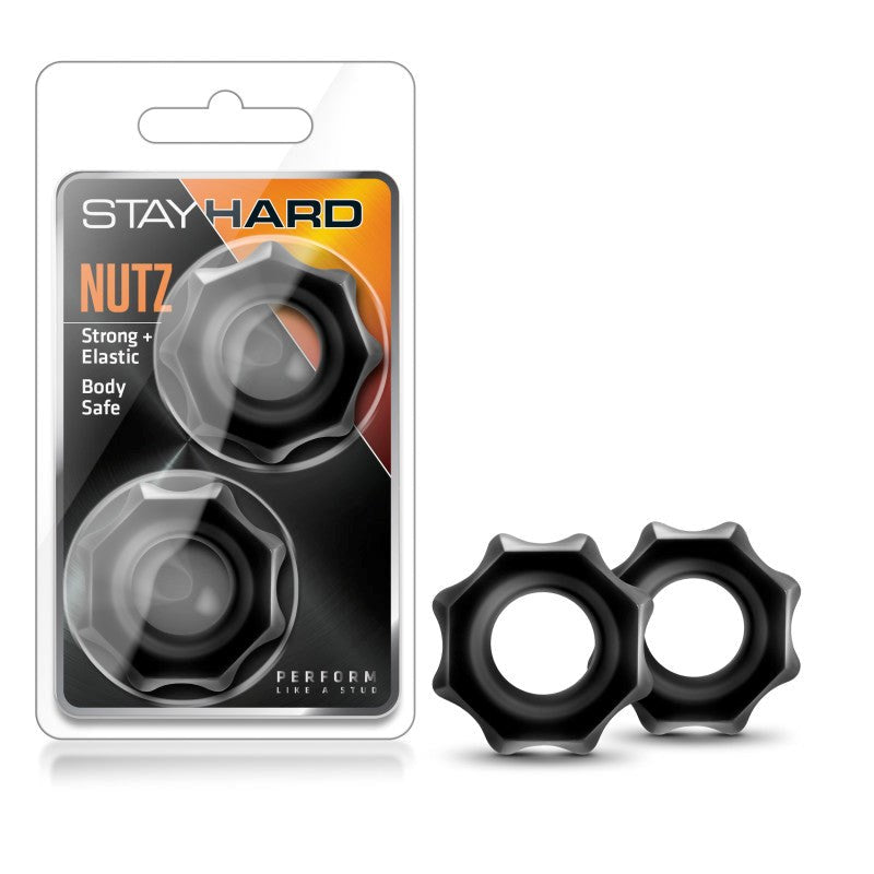 Blush Novelties Stay Hard Nutz Cock Ring Set 2 Piece Black Dual Ring Set - - Stretchy Cock Rings