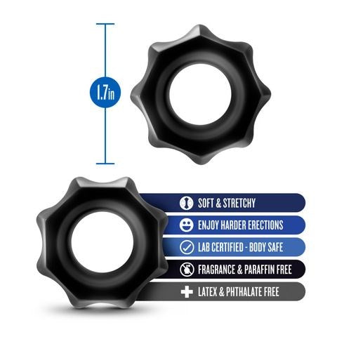 Blush Novelties Stay Hard Nutz Cock Ring Set 2 Piece Black Dual Ring Set - - Stretchy Cock Rings