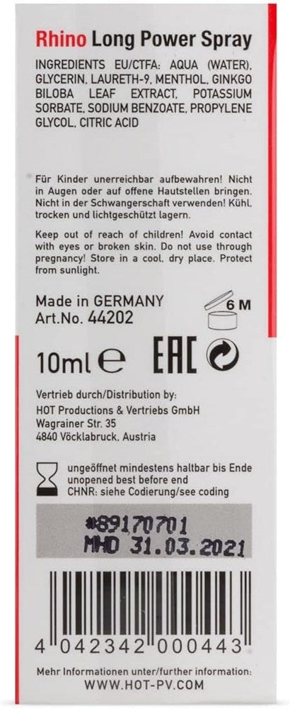 Hot Ero HOT Rhino Long Power Enhancer Spray For Men 10ml Delay Spray - - Delay and Excite Sprays