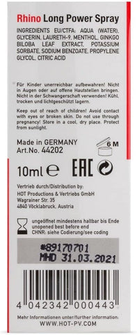 Hot Ero HOT Rhino Long Power Enhancer Spray For Men 10ml Delay Spray - Delay and Excite Sprays
