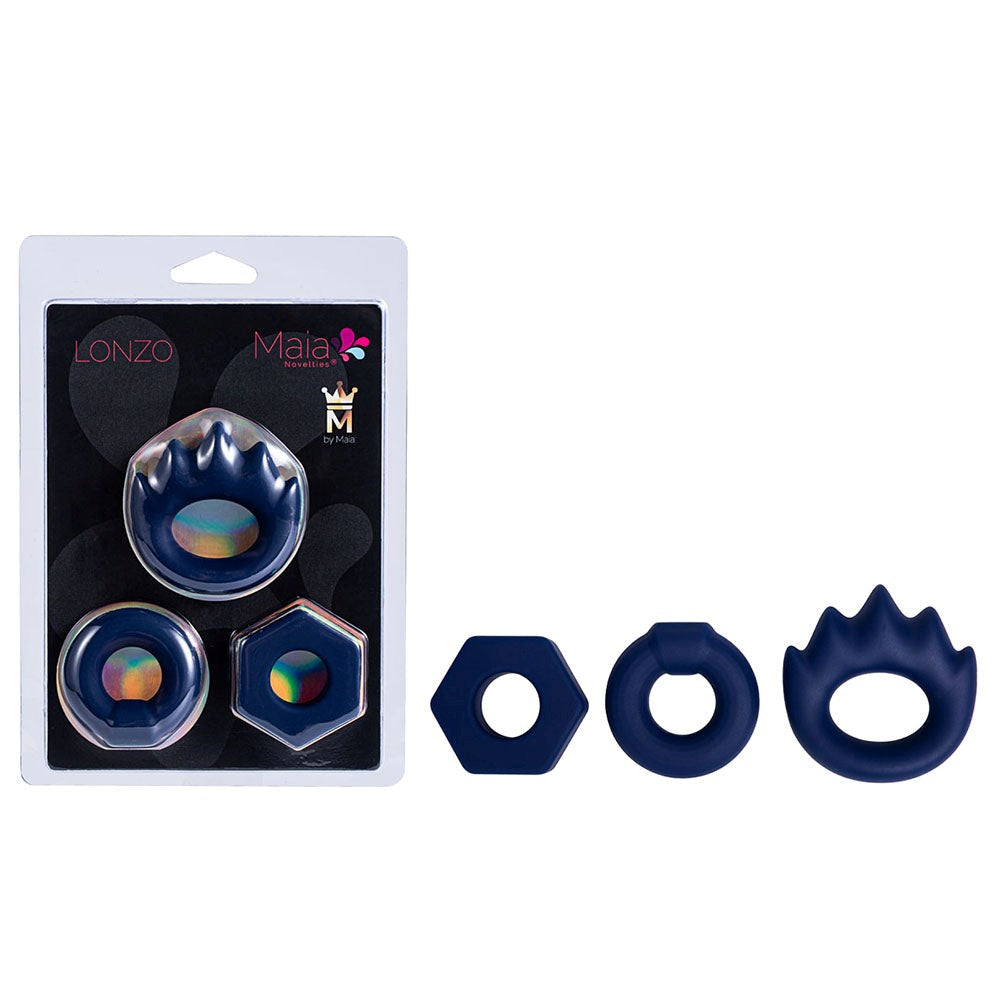 Maia Toys Maia LONZO Stretchy Silicone Cock Rings Set of 3 Blue Premium Silicone - - Cock Ring Sets