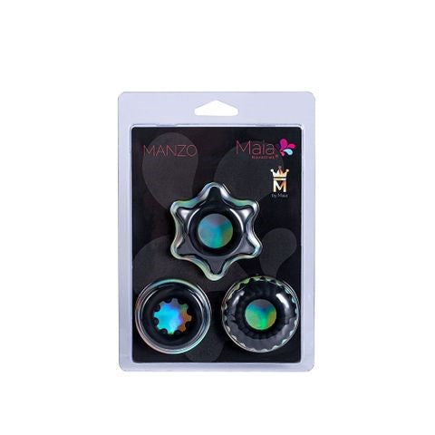 Maia Toys Maia MANZO Stretchy Silicone Cock Rings Set of 3 Black Premium Design - Cock Ring Sets