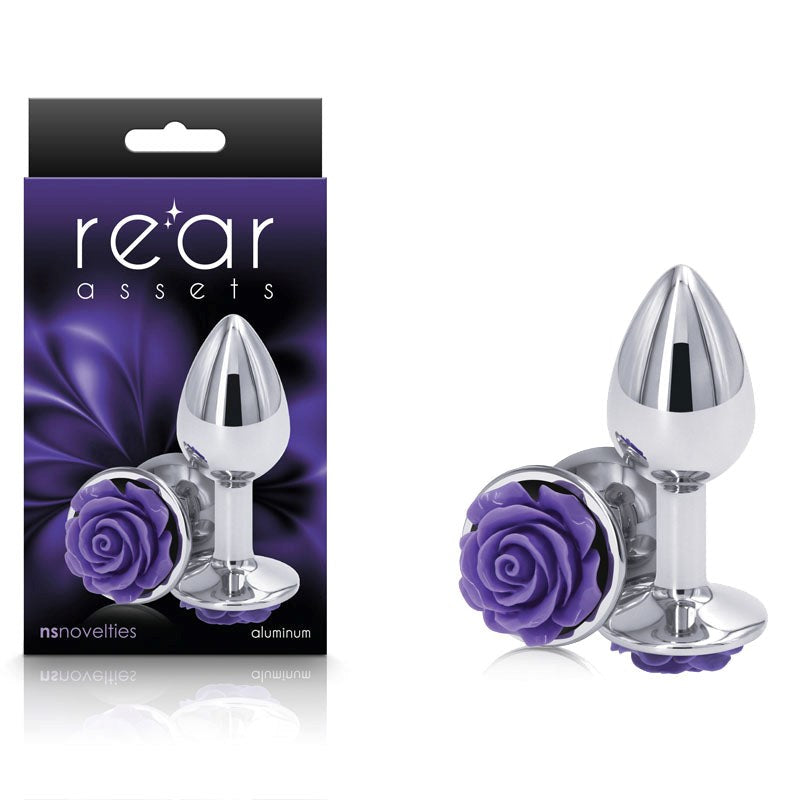 NS Novelties Rear Assets Rose Metal Butt Plug With Purple Rose Base Small - - Butt Plugs