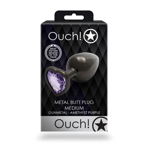 Shots Toys OUCH Heart Gem Base Gunmetal Butt Plug Medium with Heart Gem Base - Butt Plugs