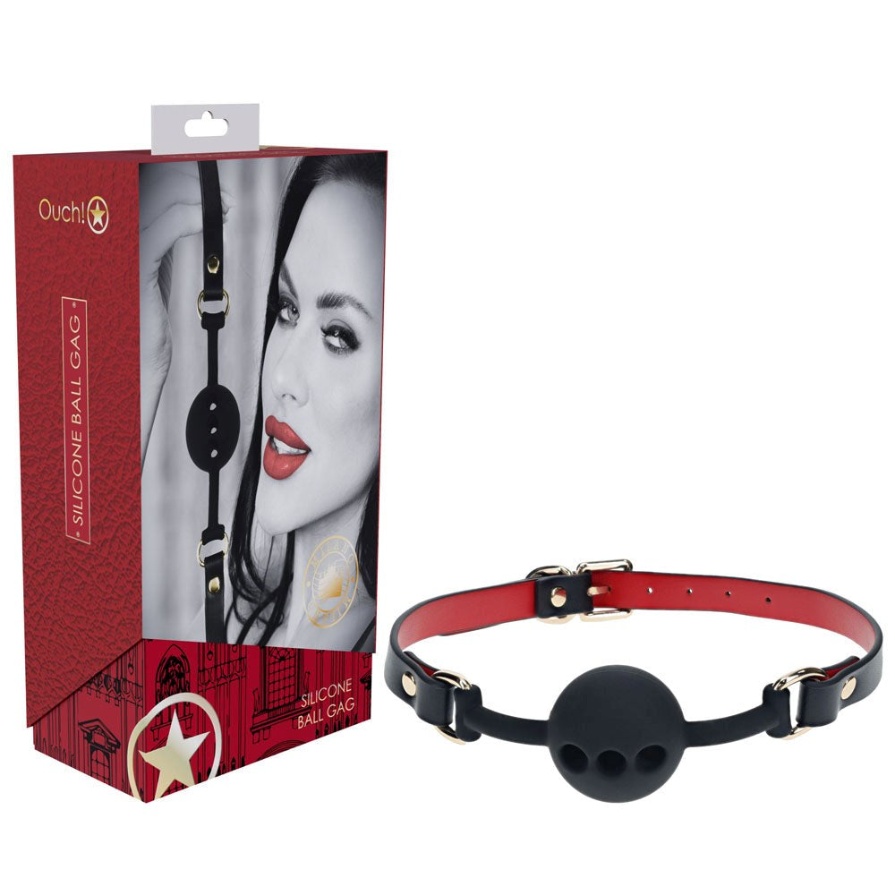 Shots Toys OUCH Milan Collection Breathable Silicone Ball Gag Black Red with Safety - - Bondage Gags and Bits