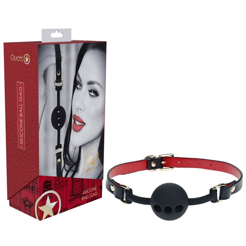 Shots Toys OUCH Milan Collection Breathable Silicone Ball Gag Black Red with Safety - Bondage Gags and Bits