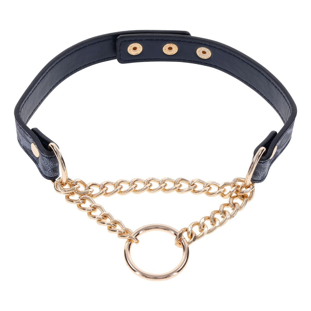 Sportsheets Sex & Mischief Cougar Day Bondage Collar Navy Blue Gold Ring - Collars and Leads