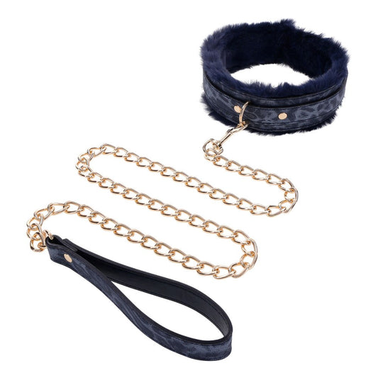 Sportsheets Sex & Mischief Cougar Fur Bondage Collar & Leash Navy Blue Gold - - Collars and Leads