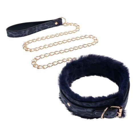 Sportsheets Sex & Mischief Cougar Fur Bondage Collar & Leash Navy Blue Gold - Collars and Leads