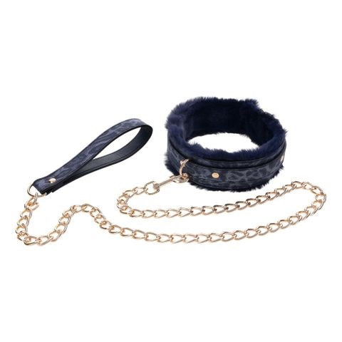Sportsheets Sex & Mischief Cougar Fur Bondage Collar & Leash Navy Blue Gold - Collars and Leads