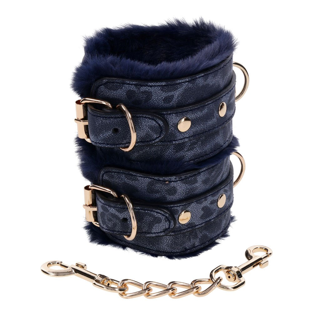 Sportsheets Sex & Mischief Cougar Fur Handcuffs Navy Blue Gold Restraints - Cuffs And Restraints
