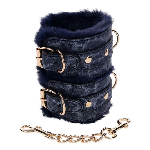 Sportsheets Sex & Mischief Cougar Fur Handcuffs Navy Blue Gold Restraints - Cuffs And Restraints