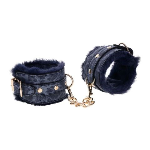 Sportsheets Sex & Mischief Cougar Fur Handcuffs Navy Blue Gold Restraints - Cuffs And Restraints