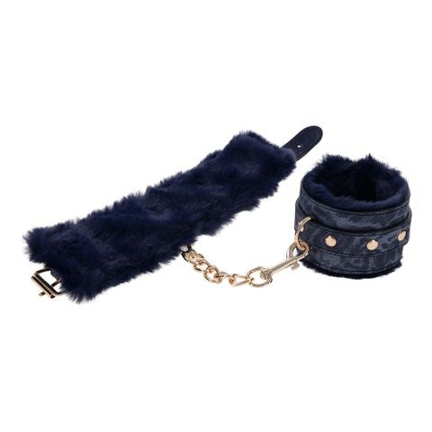 Sportsheets Sex & Mischief Cougar Fur Handcuffs Navy Blue Gold Restraints - Cuffs And Restraints