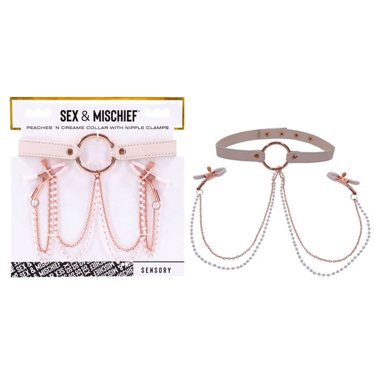 Sportsheets Sex & Mischief Peaches N CreaMe Collar With Nipple Clamps - - Nipple and Clit Clamps