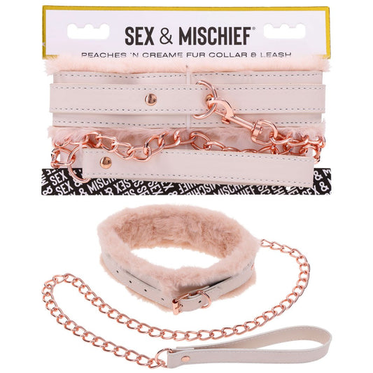 Sportsheets Sex & Mischief Peaches N CreaMe Fur Collar & Leash Set Rose Gold - - Collars and Leads