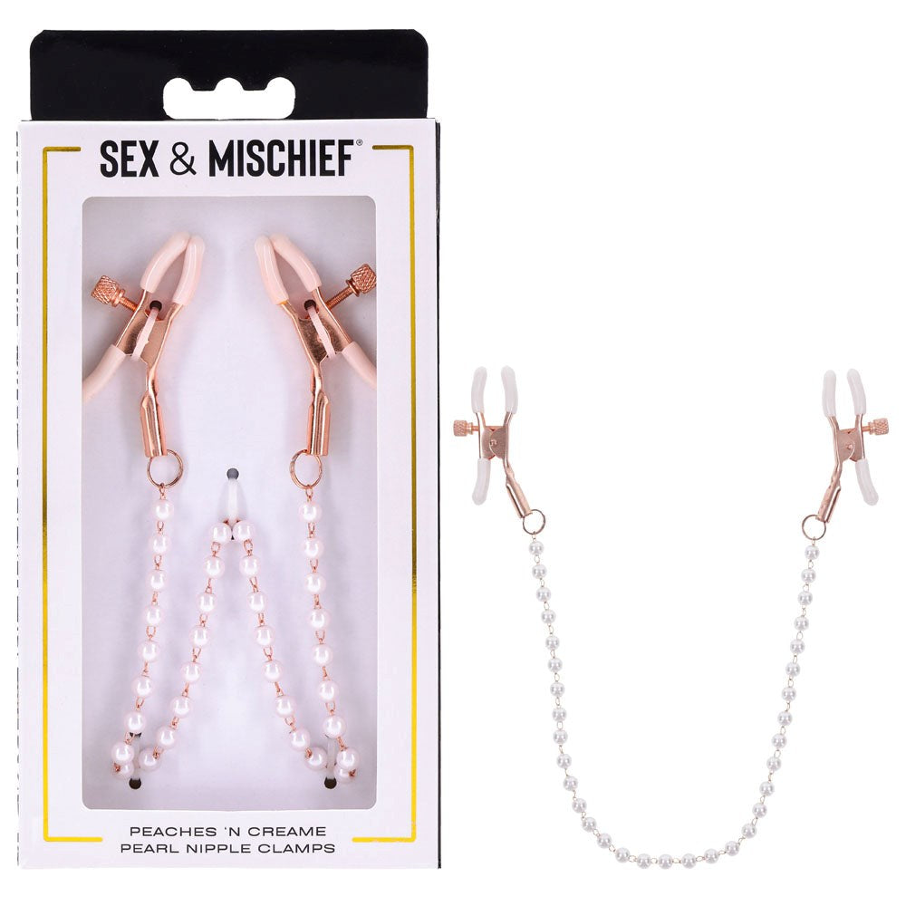 Sportsheets Sex & Mischief Peaches N CreaMe Pearl Nipple Clamps Rose Gold Chain - Nipple and Clit Clamps