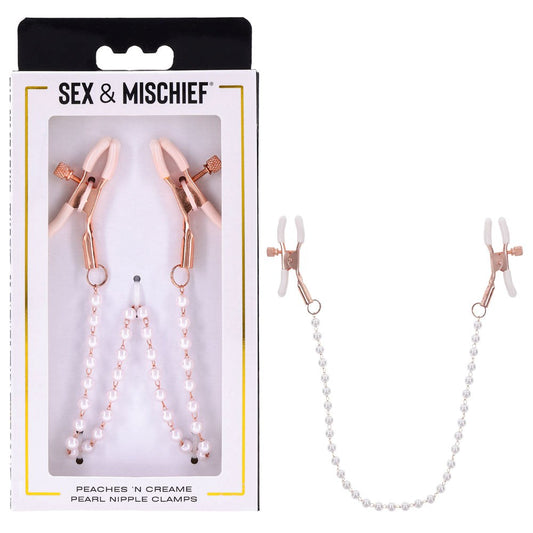 Sportsheets Sex & Mischief Peaches N CreaMe Pearl Nipple Clamps Rose Gold Chain - - Nipple and Clit Clamps
