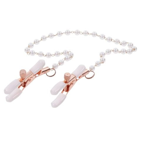 Sportsheets Sex & Mischief Peaches N CreaMe Pearl Nipple Clamps Rose Gold Chain - Nipple and Clit Clamps