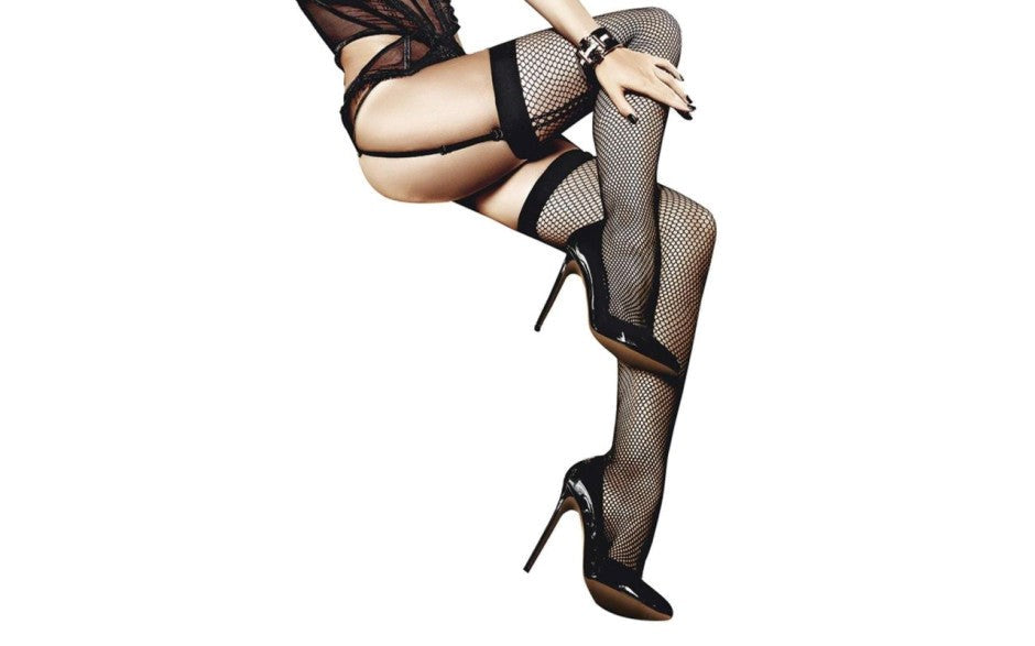 Baci Lingerie Fishnet Thigh High With Back Seam One Size Elegant Hosiery - - Hosiery
