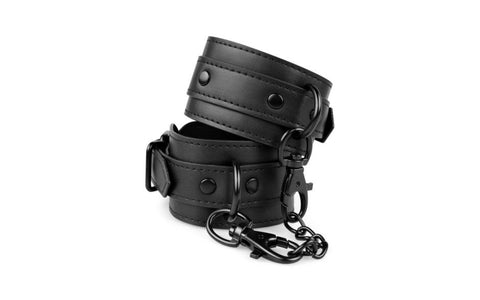 Bedroom Fantasies Faux Leather Fetish Play Ankle Cuffs Black with Chain - Cuffs And Restraints