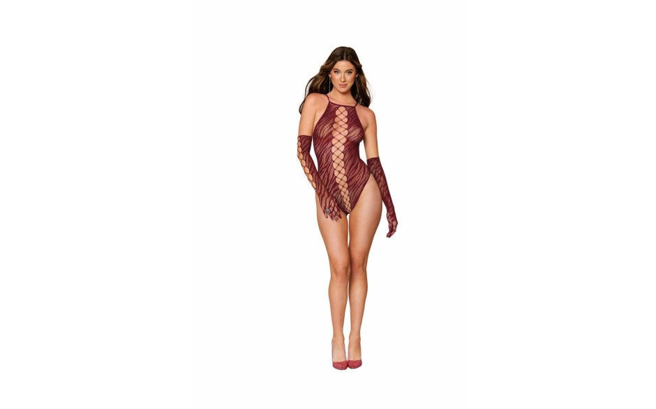 Dream Girl Lingerie Womens Teddy With Gloves Burgundy Zebra Fishnet - Teddies and Bodysuits