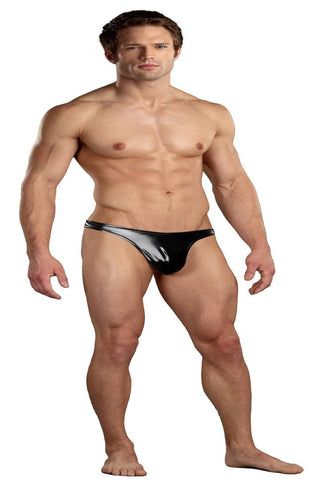 Male Power Classic Stretchy Mens Thong Black with Wet Look Finish - Mens Briefs And Boxers