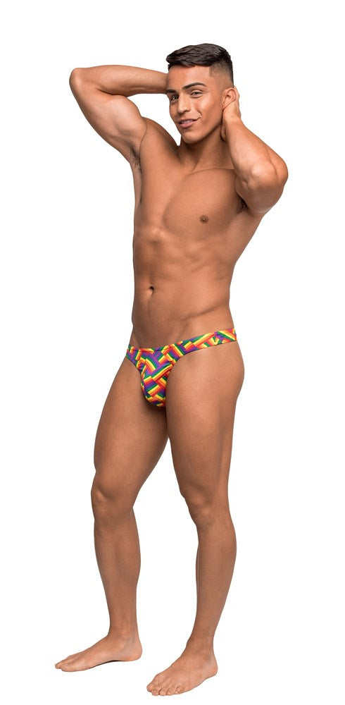 Male Power Pride Fest Bong Male Thong with Rainbow Herringbone Pattern - Mens Briefs And Boxers