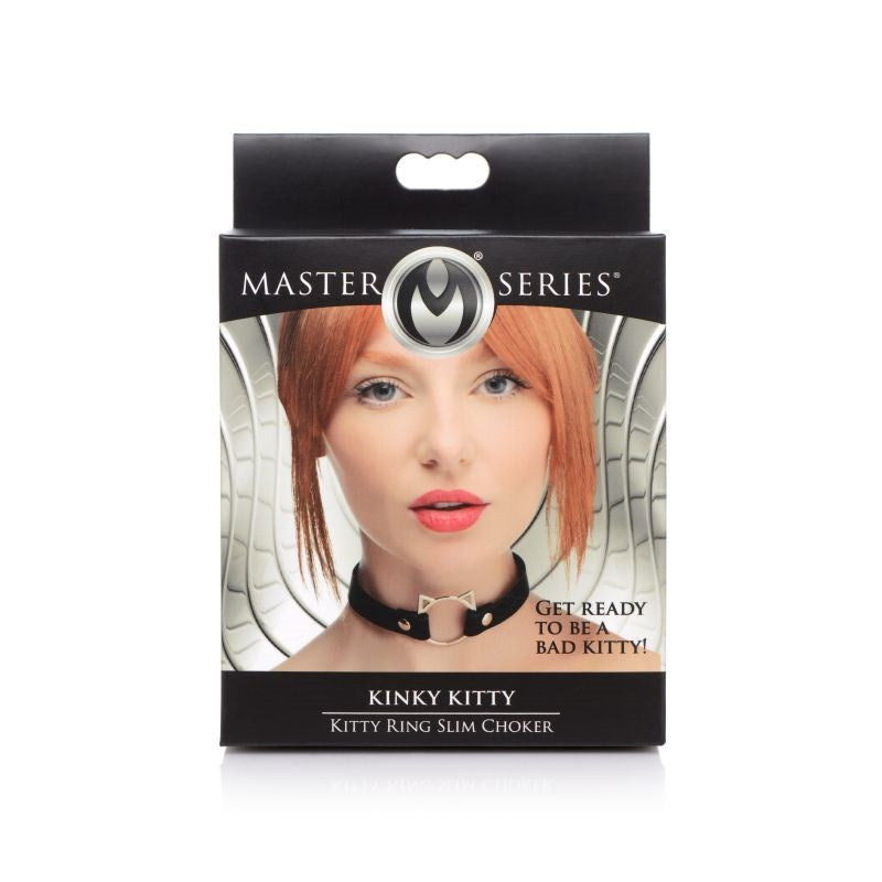 XR Brands Master Series PU Leather Kinky Kitty Ring Slim Choker Adjustable - - Collars and Leads