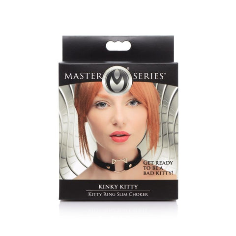 XR Brands Master Series PU Leather Kinky Kitty Ring Slim Choker Adjustable - Collars and Leads