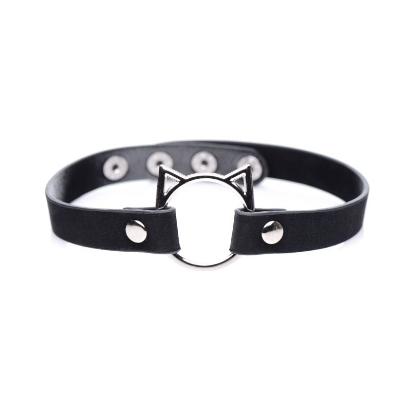 XR Brands Master Series PU Leather Kinky Kitty Ring Slim Choker Adjustable - - Collars and Leads