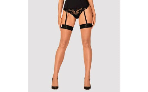 Obsessive S814 Beige Fabric Thigh High Stockings Black Seductive Design - Hosiery