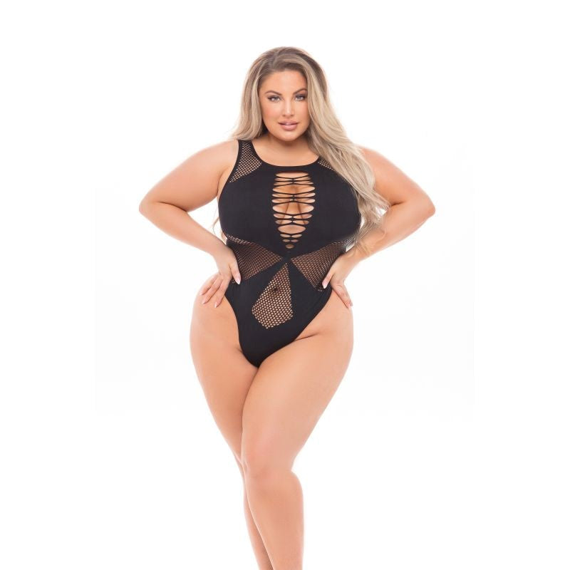 Pink Lipstick Duchess High Neck Womens Bodysuit One Size with Strappy Design - - Plus Sized Lingerie