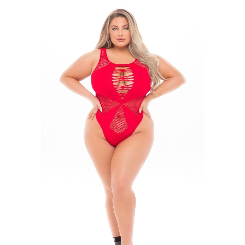 Pink Lipstick Duchess High Neck Womens Bodysuit One Size with Strappy Design - - Plus Sized Lingerie