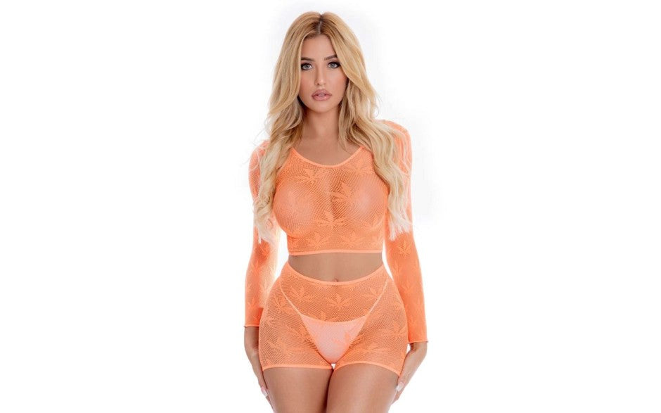 Pink Lipstick Leaf It To Me Seductive Womens Short Set One Size Sheer Net - - G-Strings, Panties and Shorts